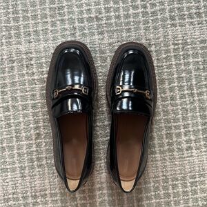 Patent Black Women's Loafers with Gold Bit Hardware